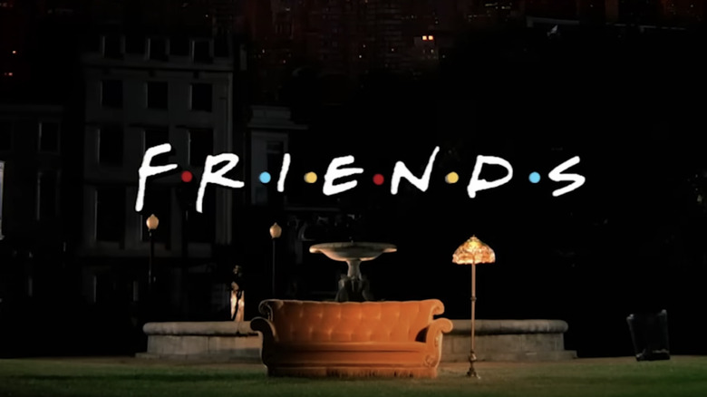 Friends title card with orange sofa and fountain