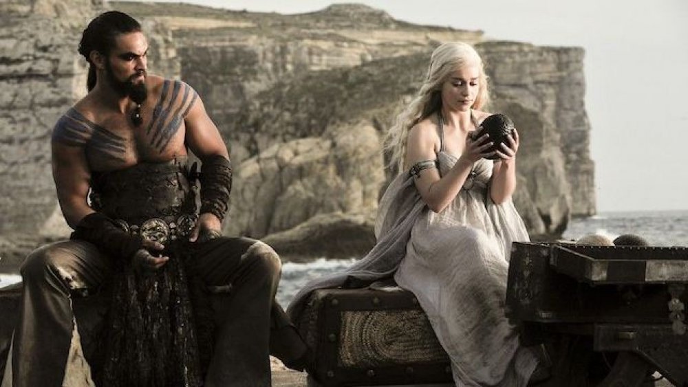 Jason Momoa and Emilia Clarke on Game of Thrones