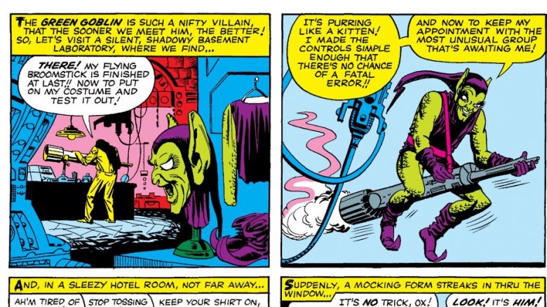 Green Goblin and his "broomstick" in 1964's Amazing Spider-Man #14