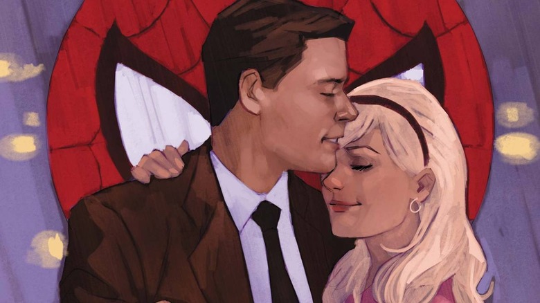 Peter and Gwen slow-dancing in a comic cover