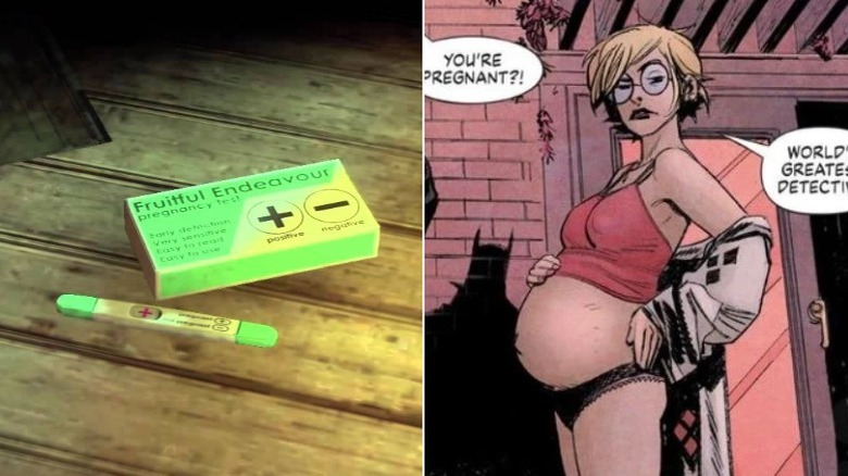 Pregnant Harley Quinn scowls