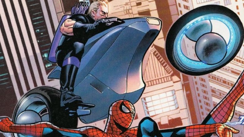 Spider-Man swings alongside Hawkeye's SkyCycle