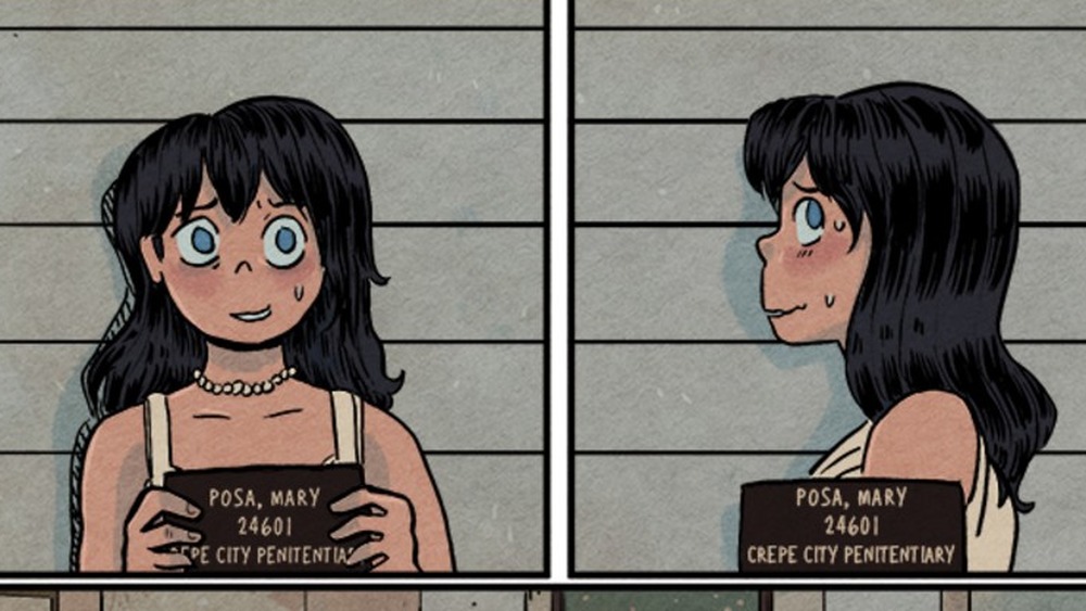 Henchgirl getting mugshots taken