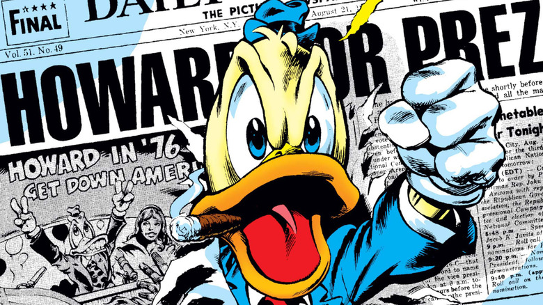 Howard the Duck ripping through a newspaper