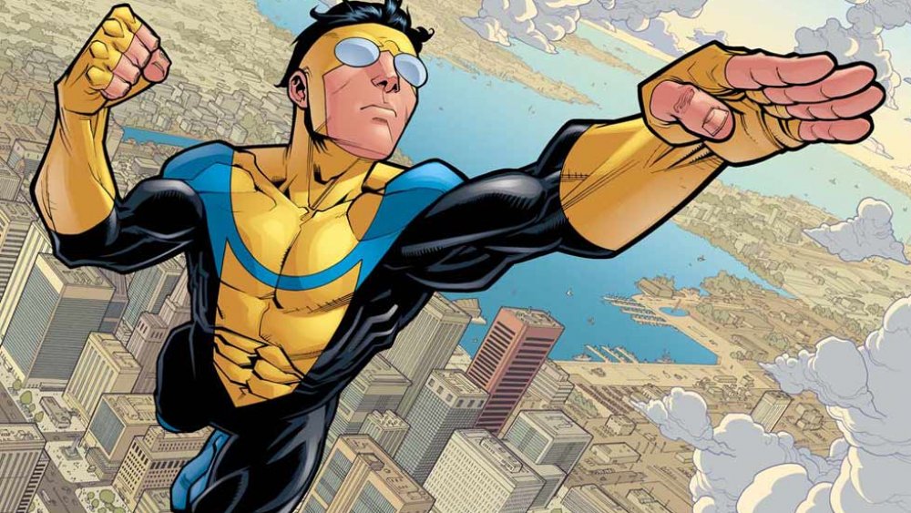 Mark Grayson, AKA Invincible, soaring above the city