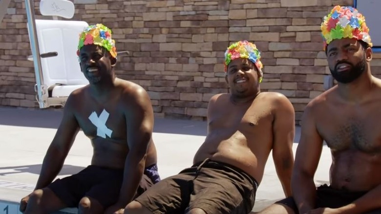 Dark Shark, Jasper, and Errol in swimming suits