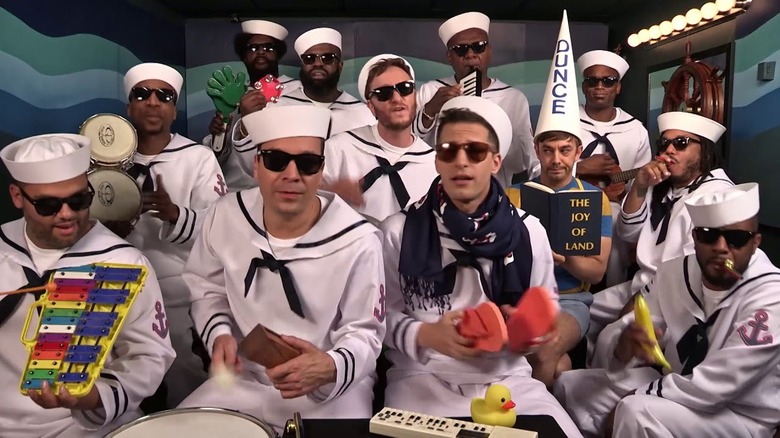 Fallon performing with The Lonely Island and The Roots