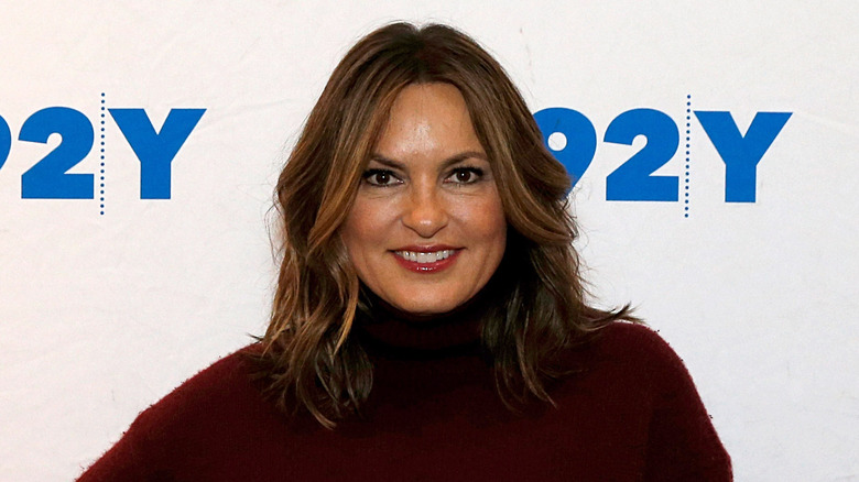 Mariska Hargitay wearing red turtleneck