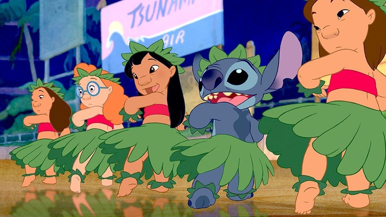 Lilo and Stitch dancing in grass skirts