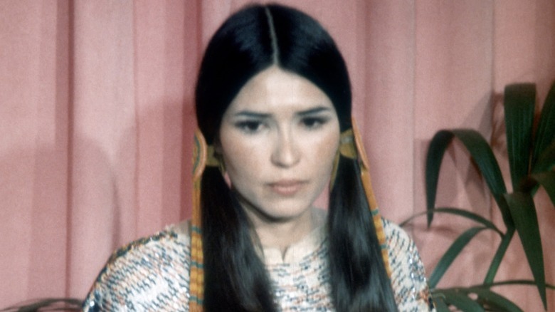 Sacheen Littlefeather staring ahead