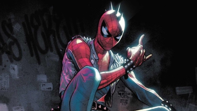 Spider-Punk makes the devil horn gesture