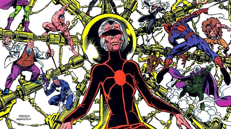 Madame Web surrounded by Spider-Man characters