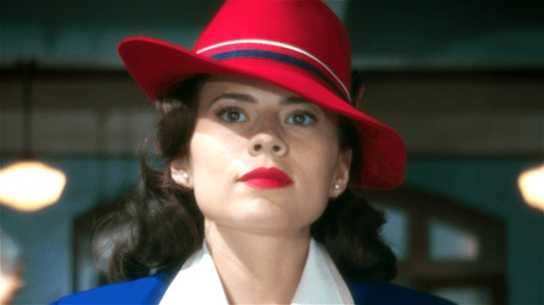 Peggy Carter wearing her iconic red hat