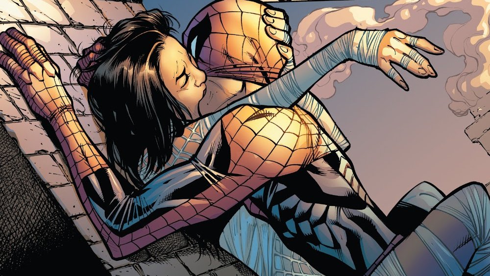 Silk and Spider-Man kiss, from Marvel Comics