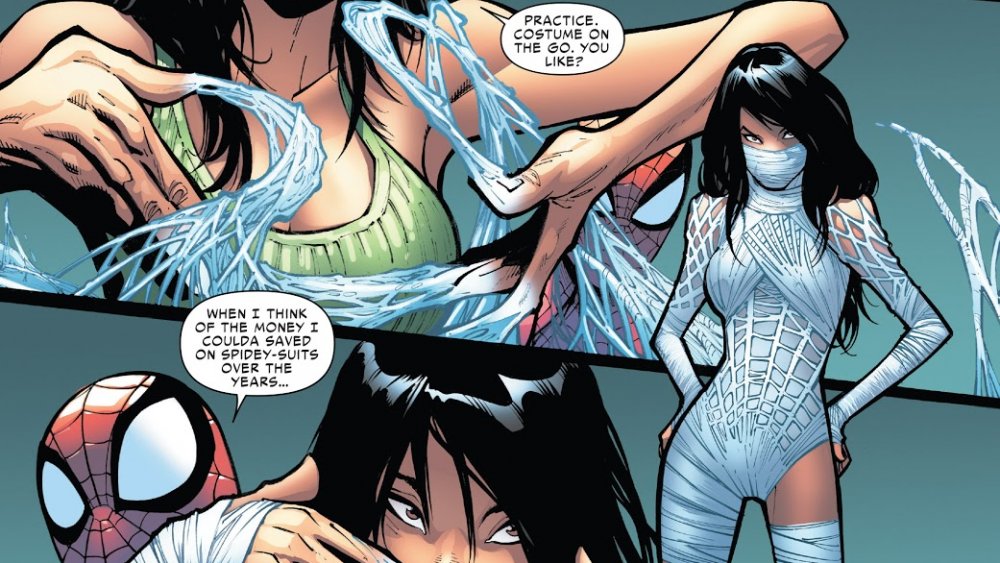 Silk weaves her own suit, from Marvel Comics