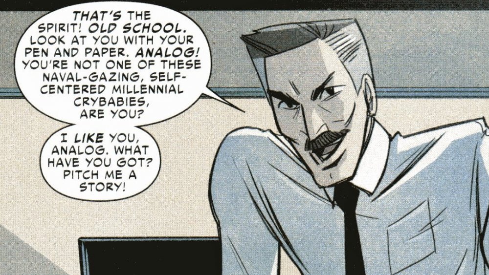 J. Jonah Jameson talking to Cindy Moon, from Marvel Comics