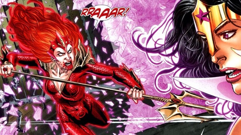 Mera as a Red Lantern faces Wonder Woman, a Star Sapphire