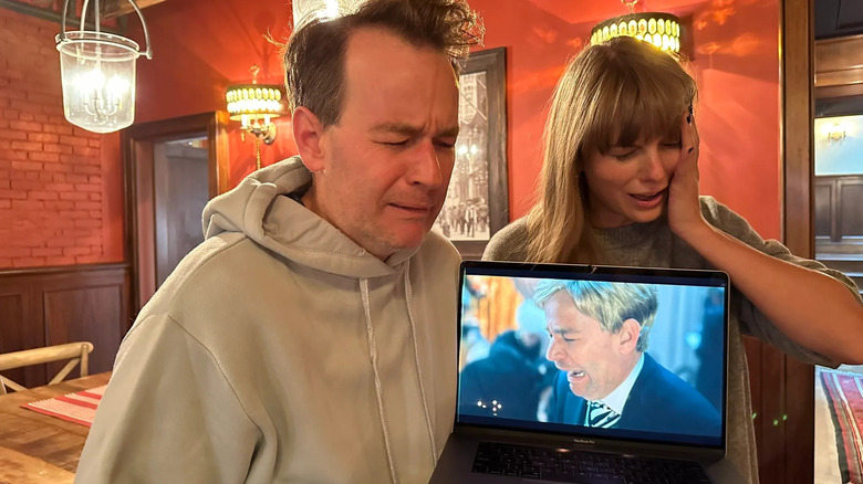 Mike Birbiglia and Taylor Swift reacting to Mike's appearance in the "Anti-Hero" music video