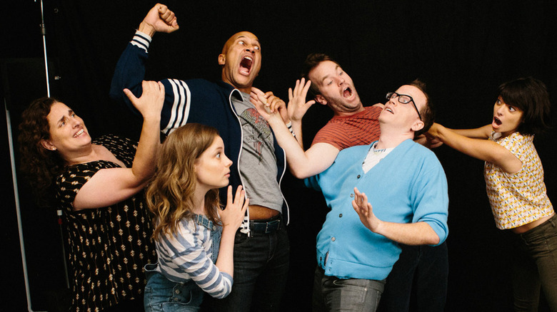 Tami Sagher, Gillian Jacobs, Keegan-Michael Key, Mike Birbiglia, Chris Gethard, and Kate Micucci in a promo still for "Don't Think Twice"