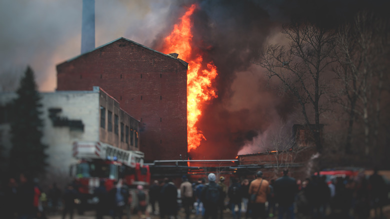 An industrial building on fire