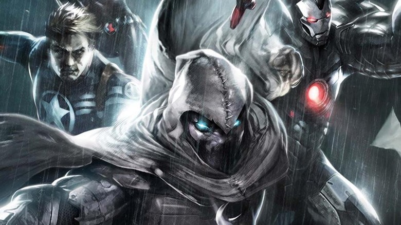 Moon Knight charging forward in the rain with Steve Rogers, War Machine, Black Widow and Ant-Man