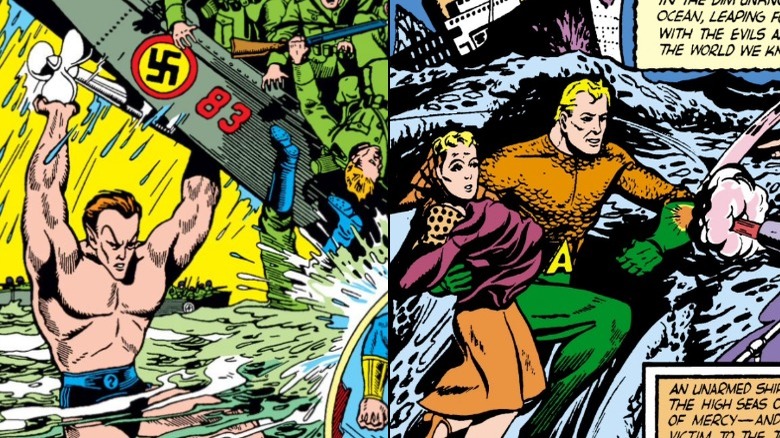 Split image of Namor lifting a U-boat and Aquaman saving woman