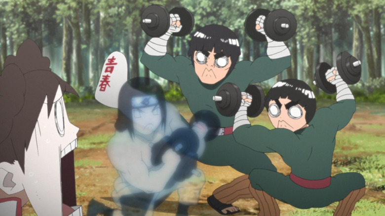 Ghost Neji, Guy, and Lee lifting dumbbells