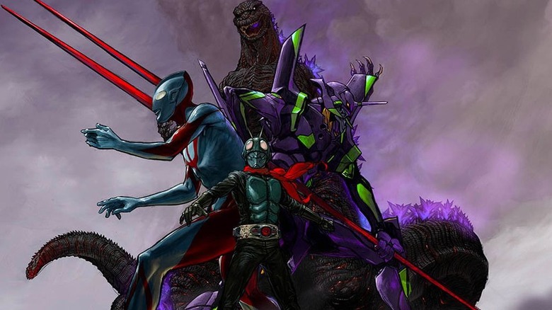 Godzilla, Ultraman, Evangelion Unit 01, and Kamen Rider