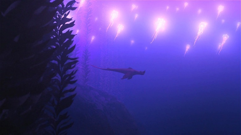 red under the ocean with jellyfish