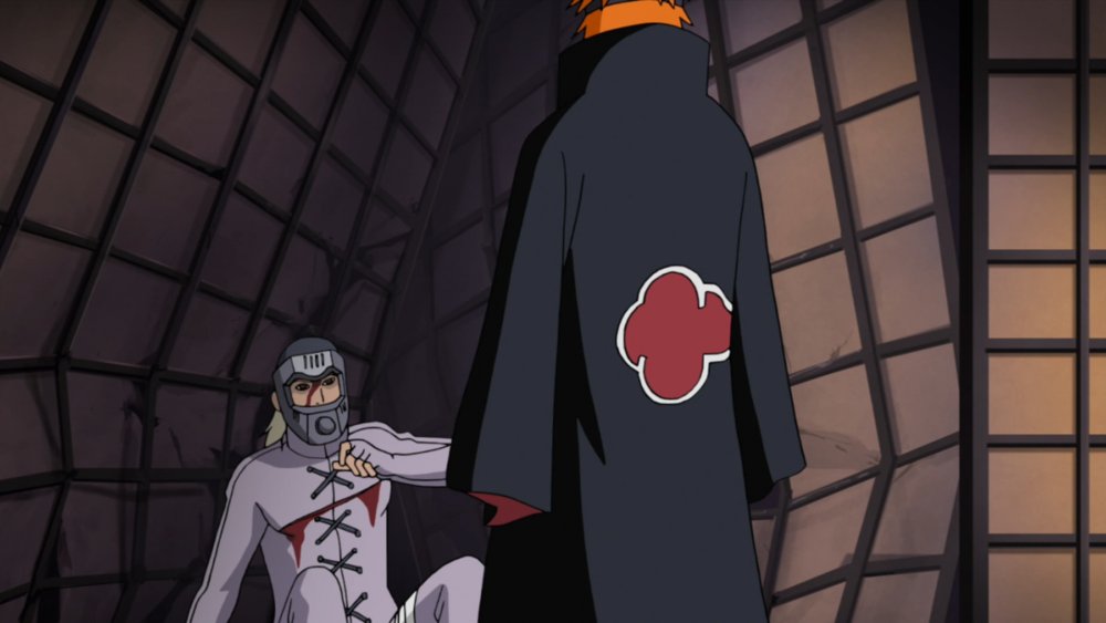 Pain of the Akatsuki facing down Hanzo the Salamander in Naruto