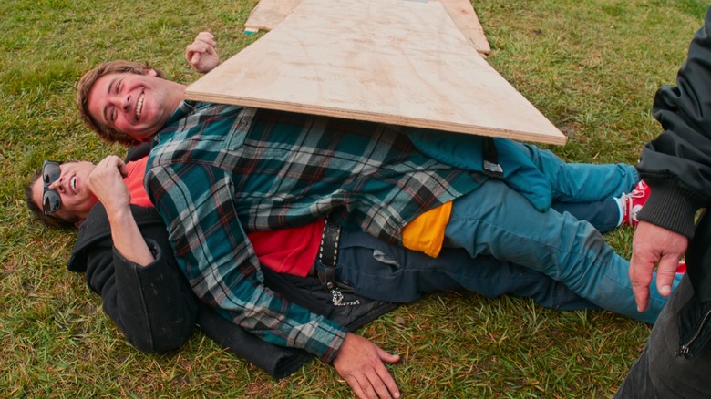 Poopies and Johnny Knoxville making a human ramp