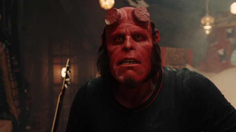 Hellboy wearing a confused expression