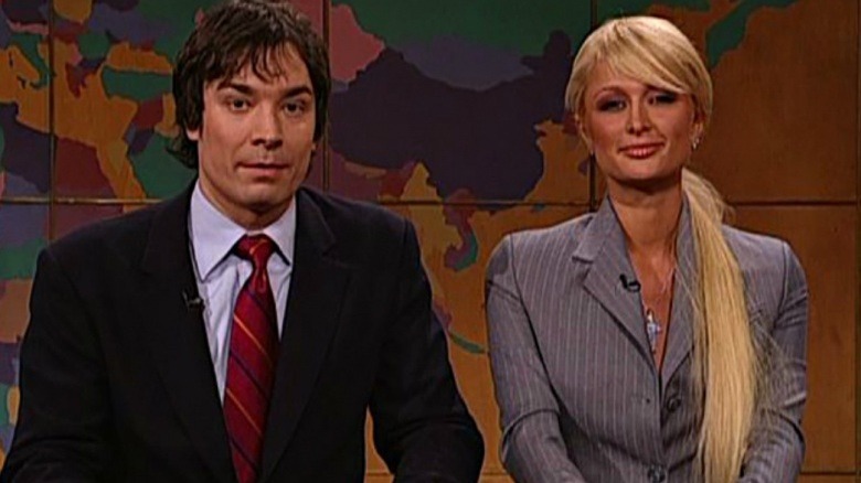 Paris Hilton and Jimmy Fallon staring