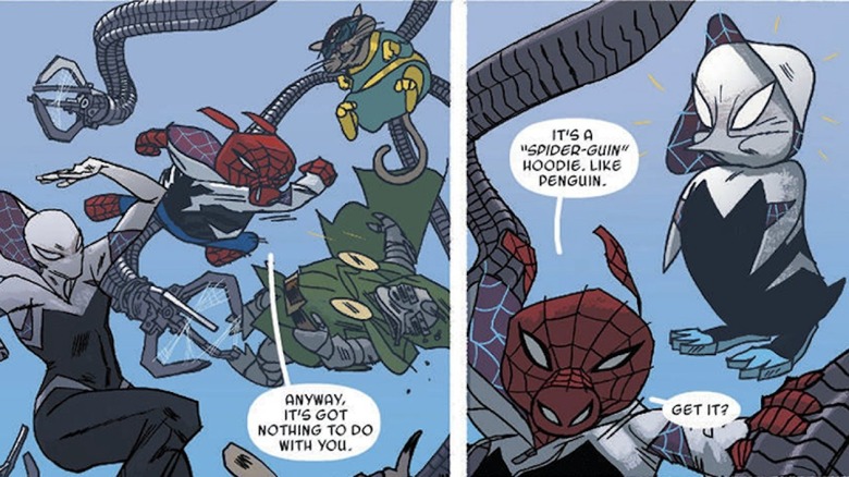 Spider-Gwen fighting with Spider-Ham and Spider-Guin