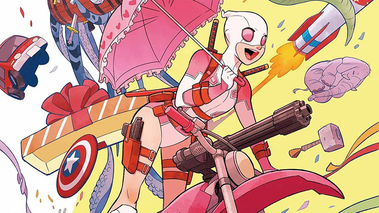 Gwenpool riding a turret motorcycle