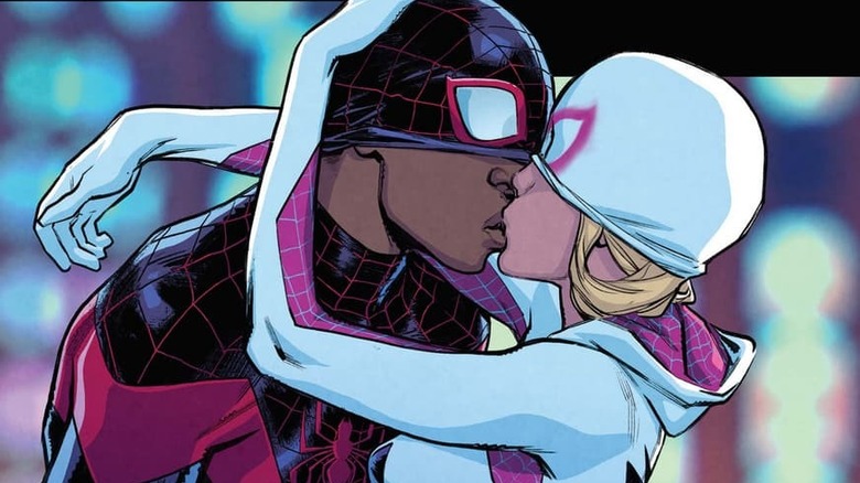 Miles and Gwen kissing in their costumes