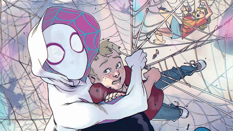 Spider-Gwen saving children with webs