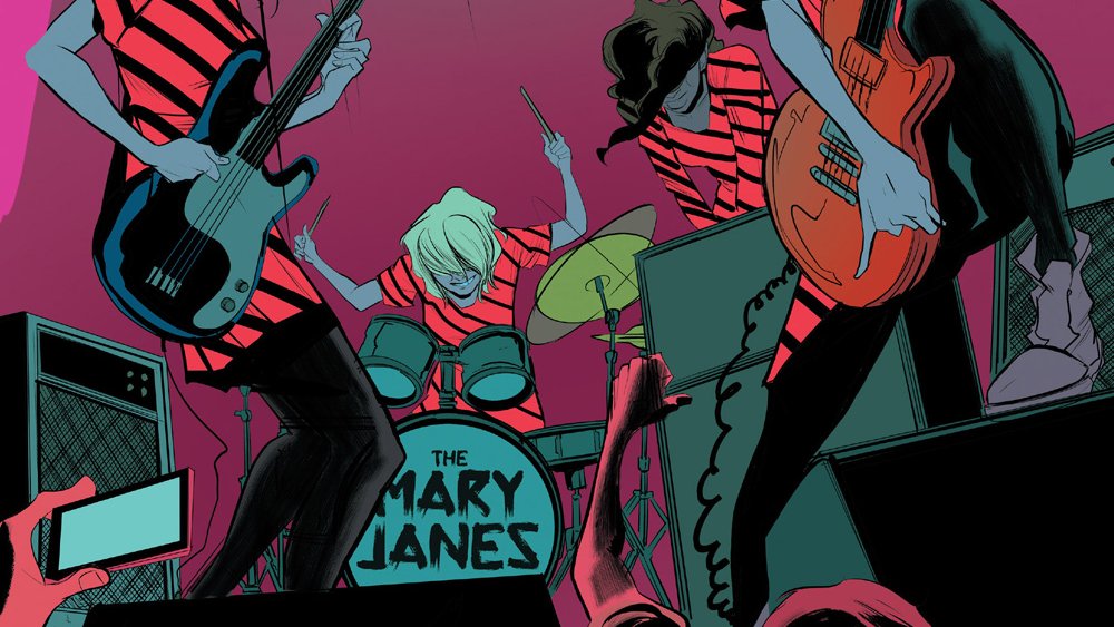 Gwen Stacy rocking out with band