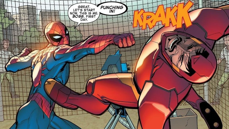 Spider-Man punches unmasked Iron Man 