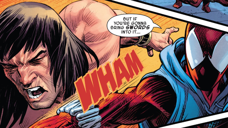 Scarlet Spider punching Conan the Barbarian