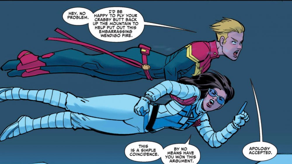 Jessica Drew, AKA Spider-Woman, and Carol Danvers, AKA Captain Marvel, from Marvel Comics