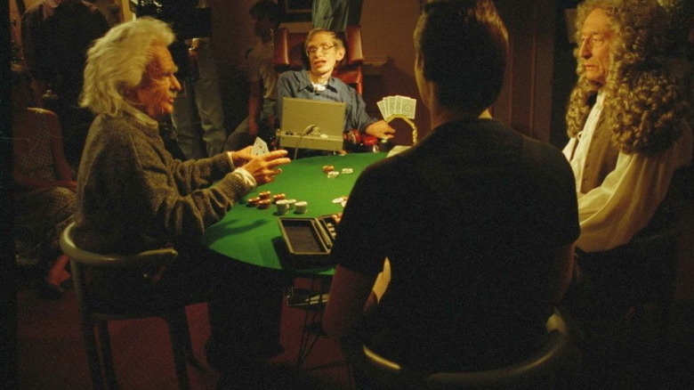 Stephen Hawking, Einstein, and Newton playing poker with Data