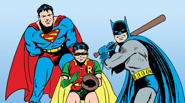 Batman, Robin, and Batman playing baseball on the cover of "World's Finest Comics" #3. Art by Fred Ray.