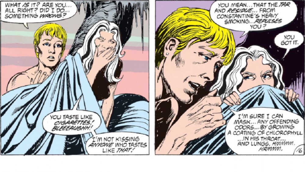 Swamp Thing occupies John Constantine's body to impregnate Abby, from DC Comics