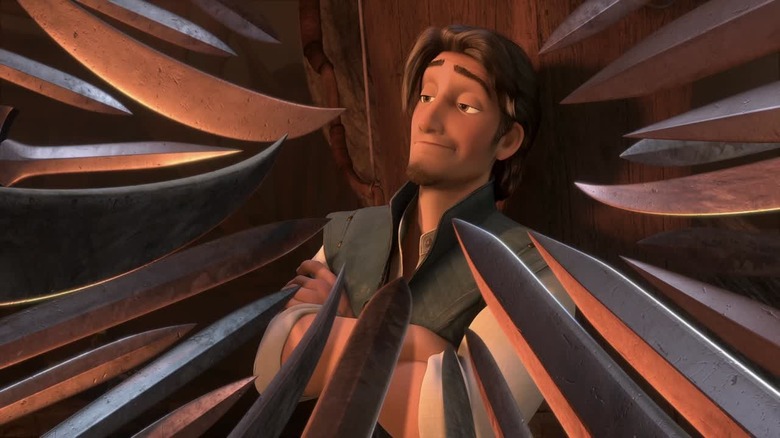 Flynn Rider surrounded by swords