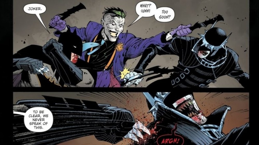 Batman and Joker fighting the Batman Who Laughs