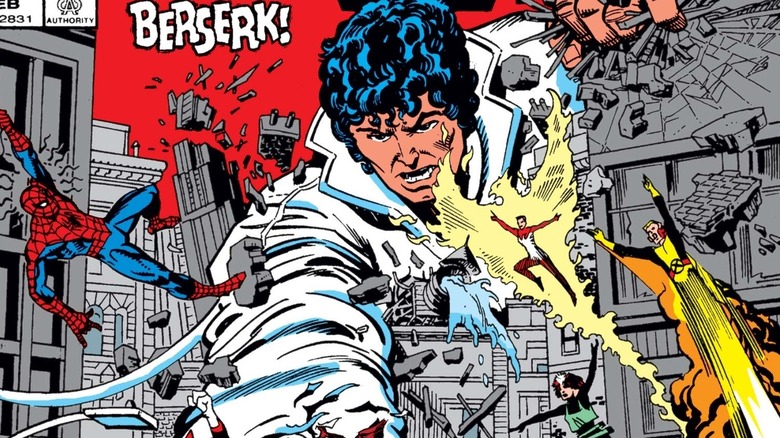 The Beyonder smashes a building while several Marvel heroes approach him