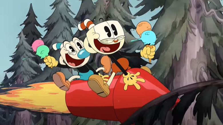 Cuphead and Mugman on a rocket