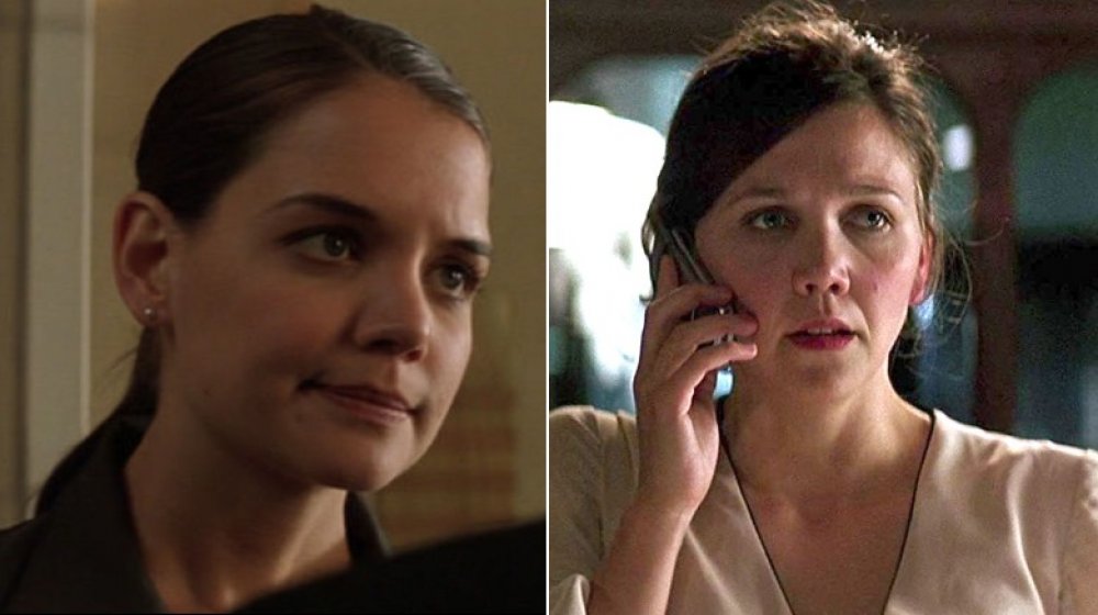 Split image of Katie Holmes and Maggie Gyllenhaal respectively in their roles as Rachel Dawes