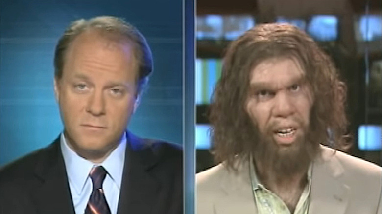 Angry Geico caveman and news anchor